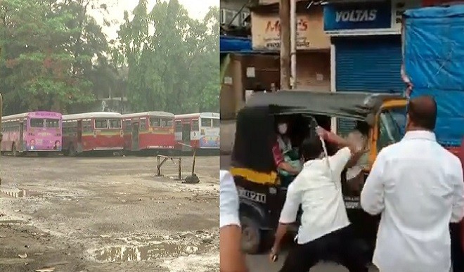 बसों पर पत्थरबाजी ऑटो वालों की पिटाई महाराष्ट्र में सत्ताधारी गठबंधन के बुलाए बंद के दौरान नजर आया कुछ ऐसा नजारा