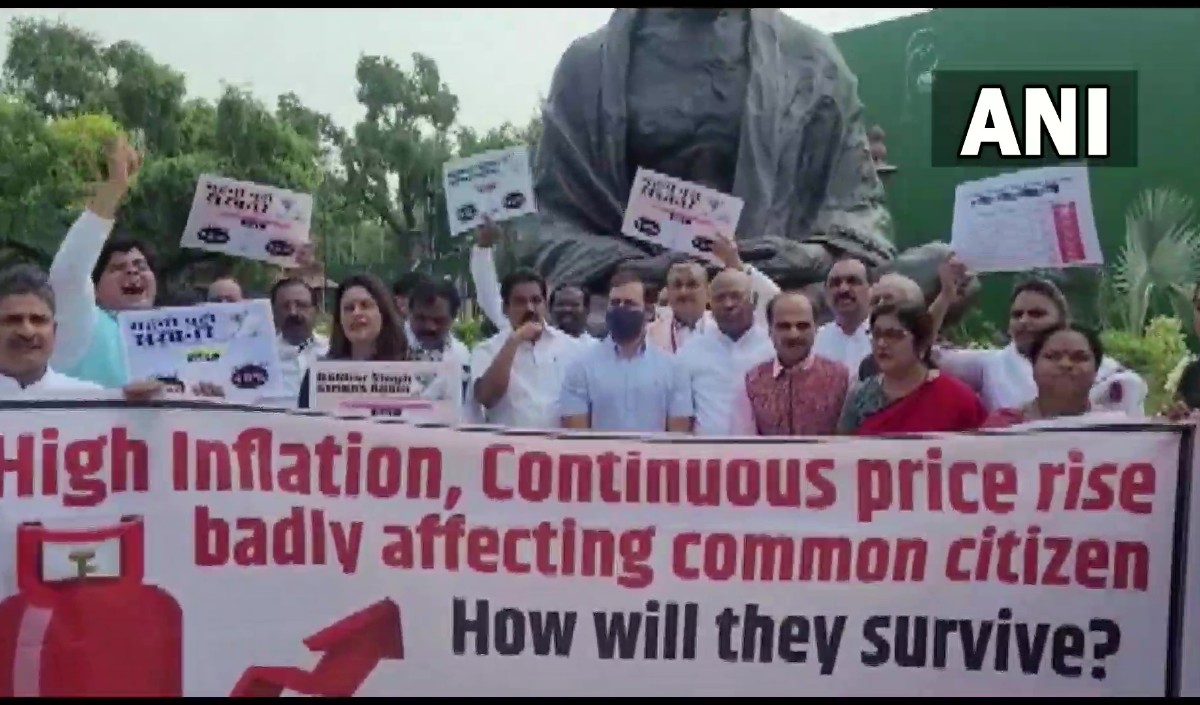 महंगाई को लेकर संसद परिसर में कांग्रेस और सहयोगी दलों ने धरना दिया